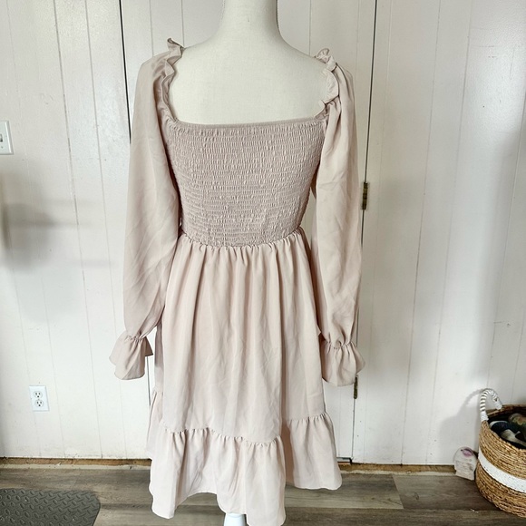 SHEIN Ruffle Long Puff Sleeve Beige Dress Off White Fall Neutral Boho Short - Picture 9 of 10